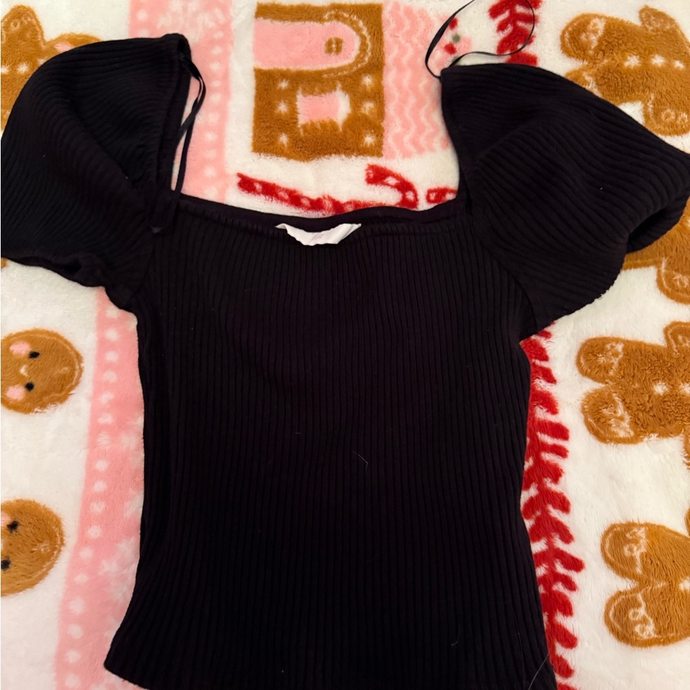 Black H&M Puff Sleeve Ribbed Top